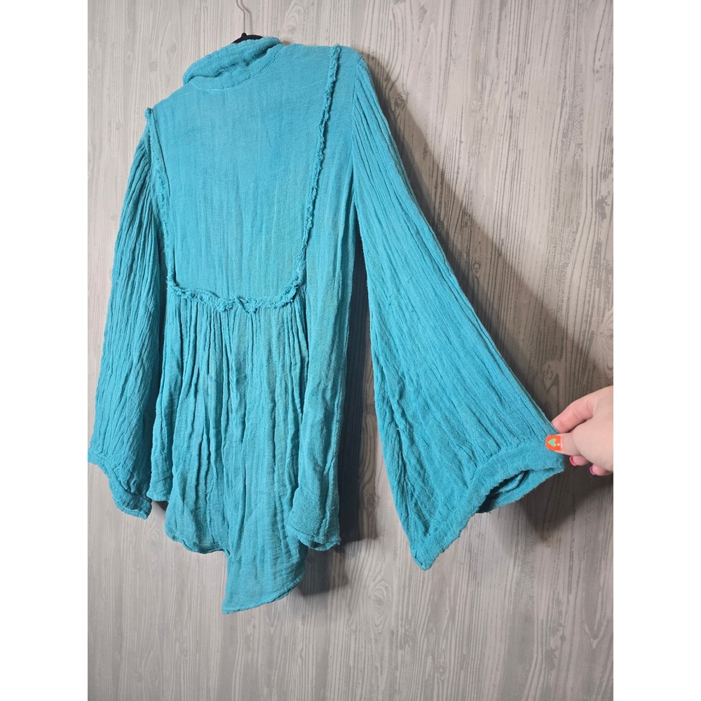 Jens Pirate Booty Turquoise Blue Gauze Bell Sleeve Tunic Top Womens Size Medium - Picture 2 of 7